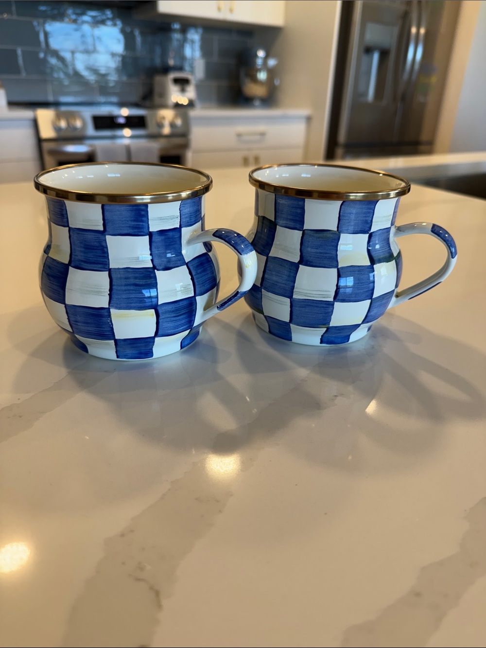 MacKenzie-Childs Blue and White Checkered Mugs with Gold Trim - Set of 2